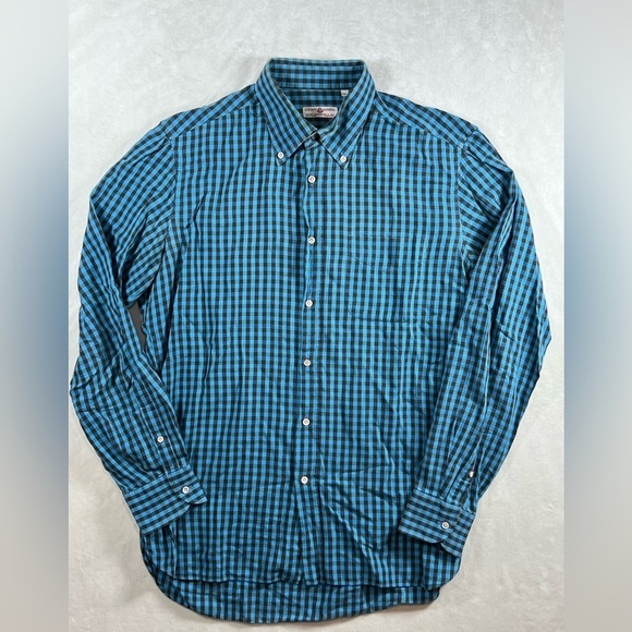 Luciano Barbera Size Large Classic Navy Gingham Cotton Twill Made in Italy Shirt - Picture 2 of 11